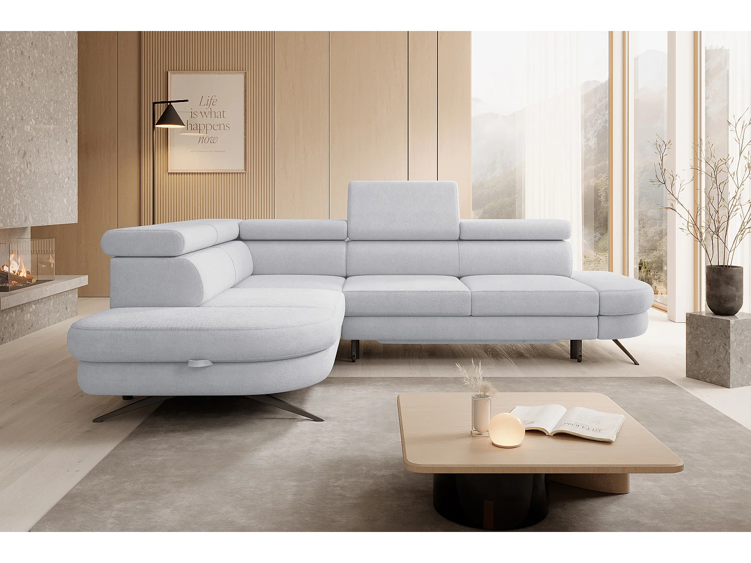 DomoHome canapé d'angle OTIS couchage tête réglable AURORA tissu gauche 131x207cm 276x218x97cm gris cendré