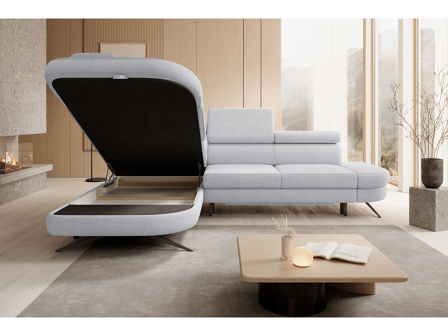 DomoHome canapé d'angle OTIS couchage tête réglable AURORA tissu gauche 131x207cm 276x218x97cm gris cendré