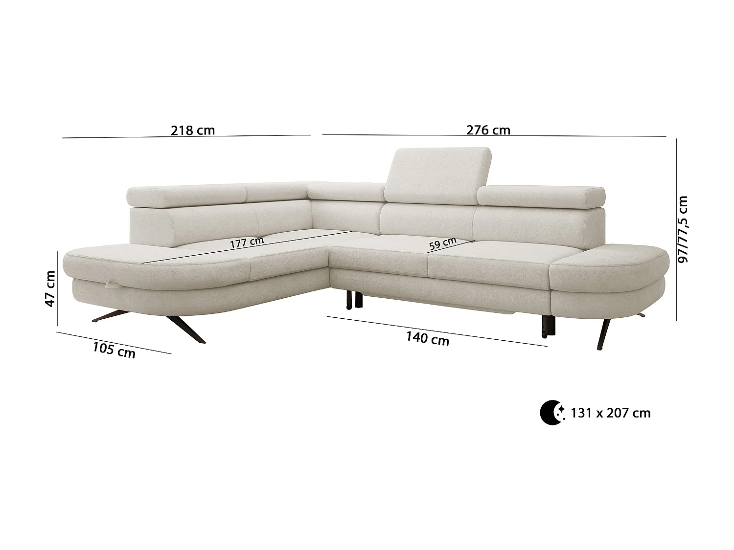 Hoekbank OTIS met slaapfunctie 131x207 cm, verstelbare hoofdsteunen, AURORA, rechteropstelling, 276x218x97 cm, lichtgrijs