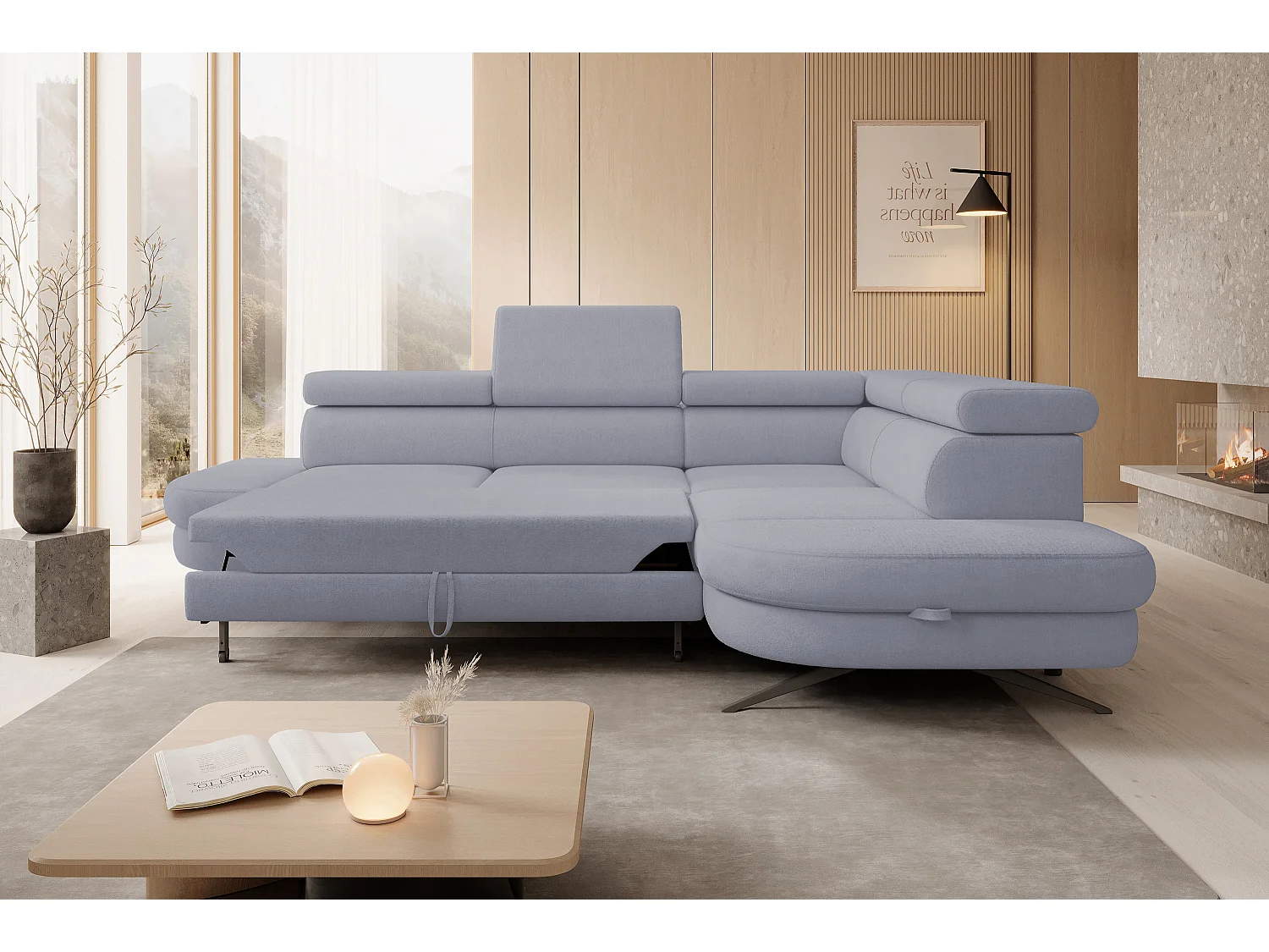 Hoekbank OTIS met slaapfunctie 131x207 cm, verstelbare hoofdsteunen, AURORA, rechteropstelling, 276x218x97 cm, lichtgrijs