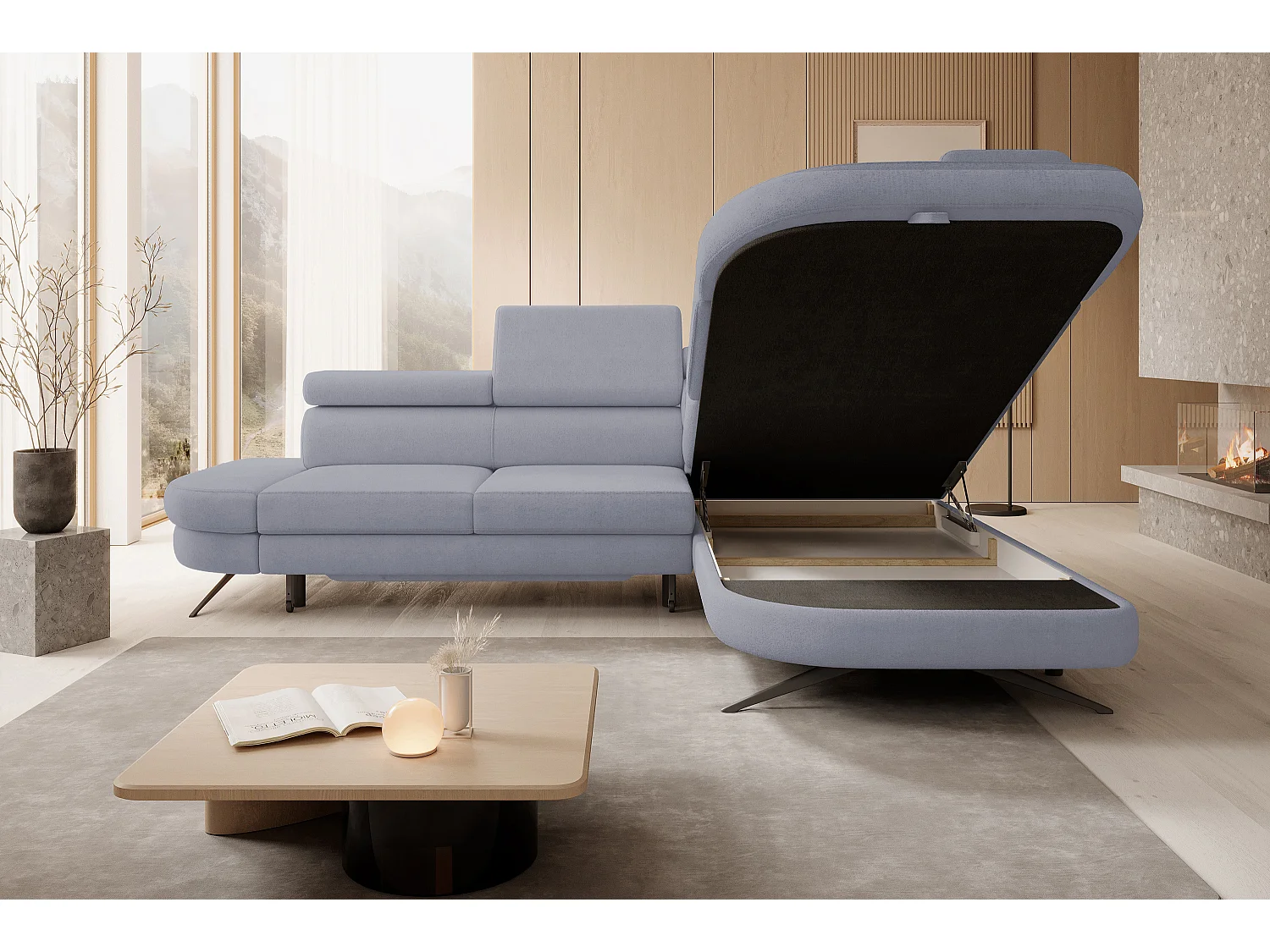 Hoekbank OTIS met slaapfunctie 131x207 cm, verstelbare hoofdsteunen, AURORA, rechteropstelling, 276x218x97 cm, lichtgrijs