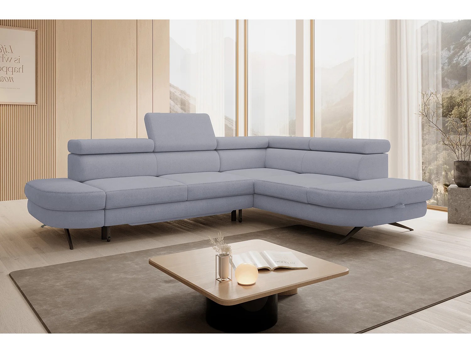 Hoekbank OTIS met slaapfunctie 131x207 cm, verstelbare hoofdsteunen, AURORA, rechteropstelling, 276x218x97 cm, lichtgrijs