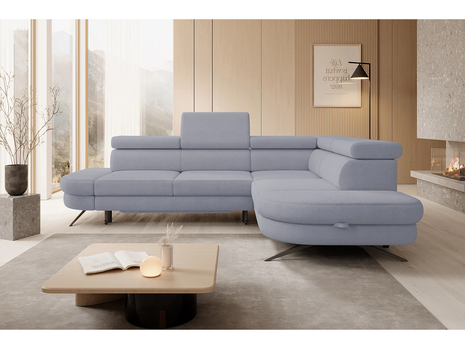 DomoHome canapé d'angle OTIS couchage tête réglable AURORA tissu droite 131x207cm 276x218x97cm gris clair