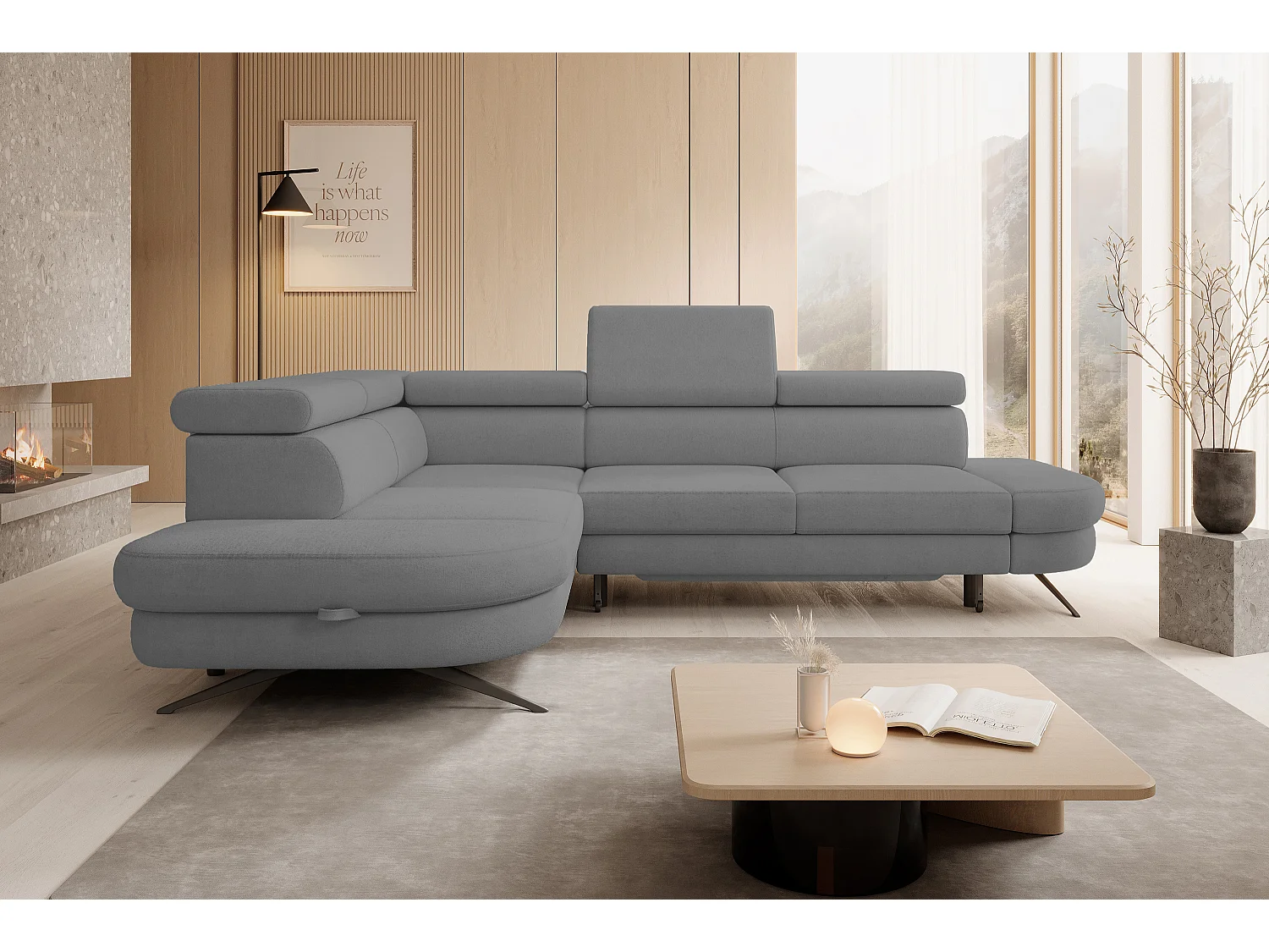 Hoekbank OTIS met slaapfunctie 131x207 cm, verstelbare hoofdsteunen, AURORA, linkeropstelling, 276x218x97 cm, grijs