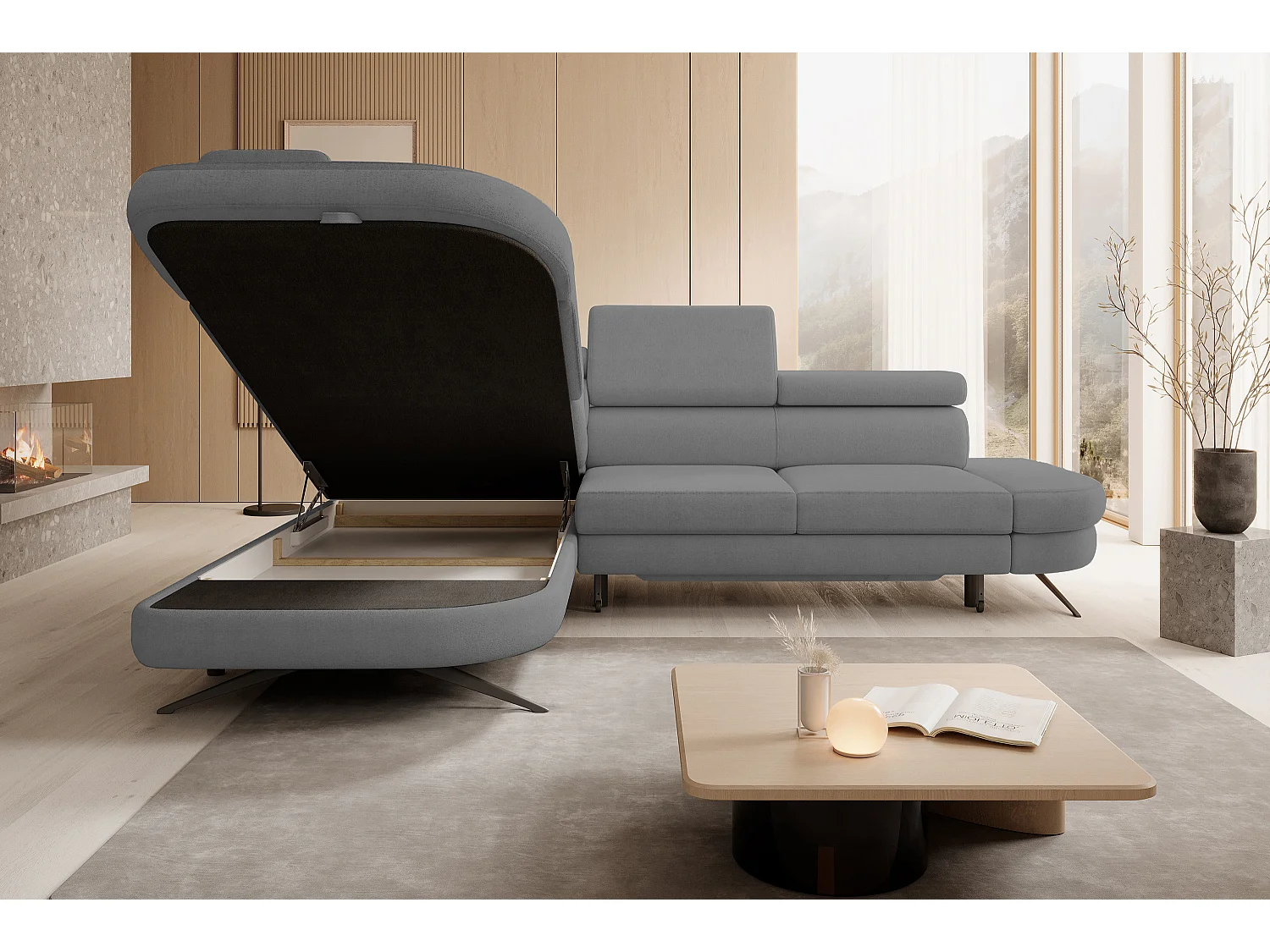 Hoekbank OTIS met slaapfunctie 131x207 cm, verstelbare hoofdsteunen, AURORA, linkeropstelling, 276x218x97 cm, grijs