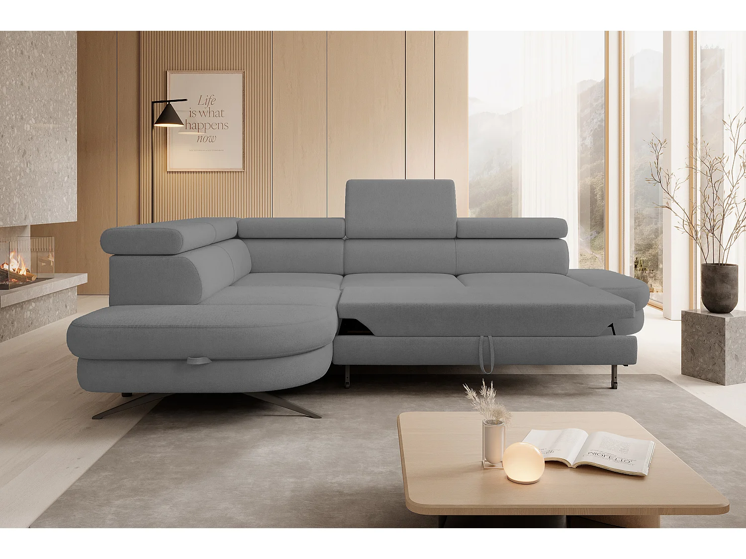 DomoHome canapé d'angle OTIS couchage tête réglable AURORA tissu gauche 131x207cm 276x218x97cm gris