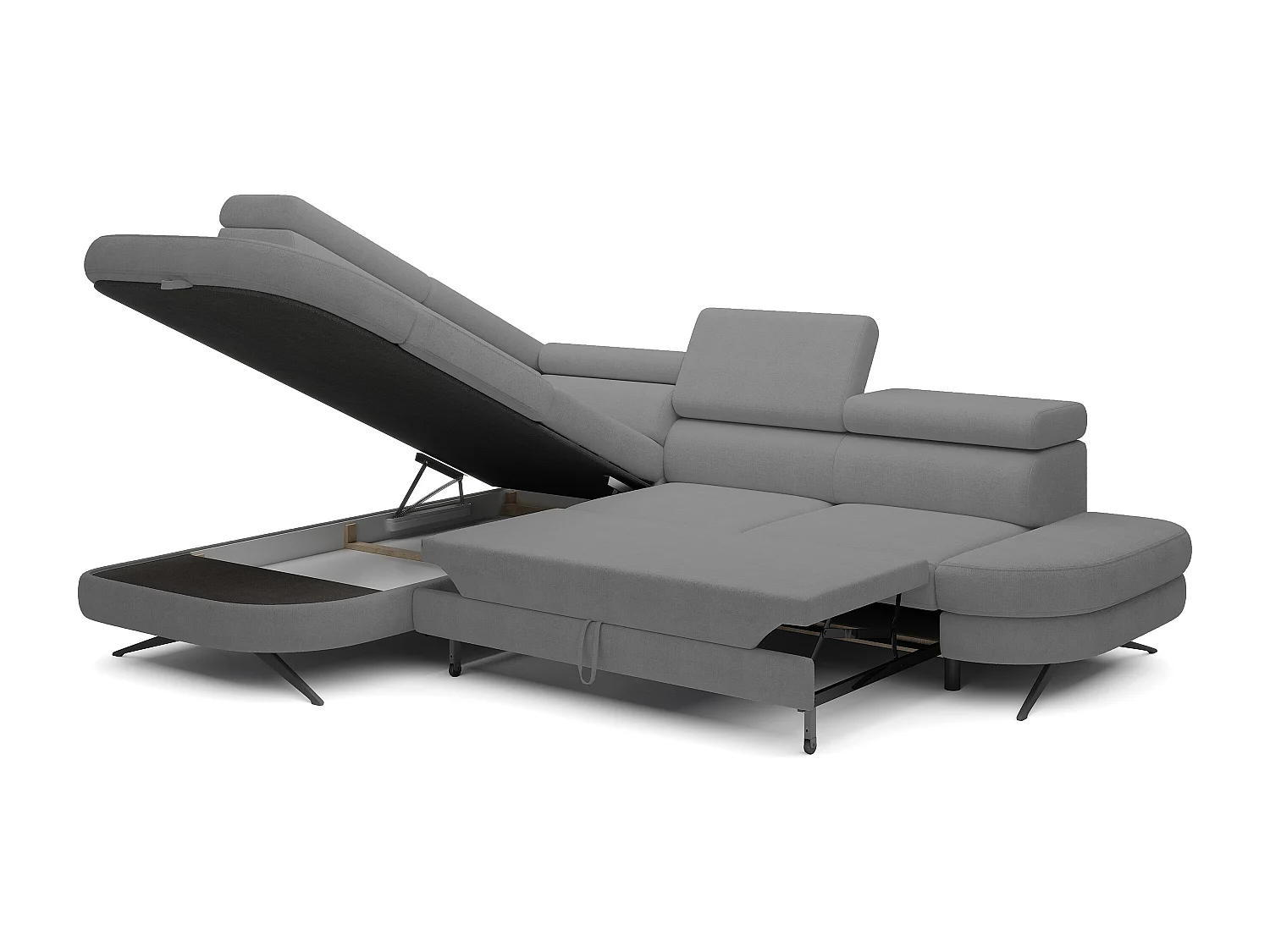 DomoHome canapé d'angle OTIS couchage tête réglable AURORA tissu gauche 131x207cm 276x218x97cm gris
