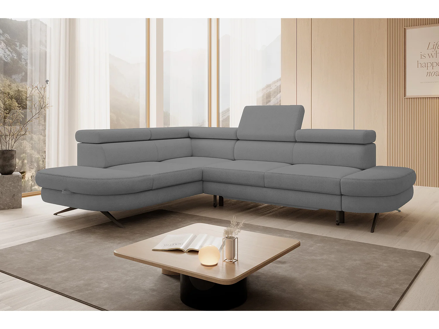 DomoHome canapé d'angle OTIS couchage tête réglable AURORA tissu gauche 131x207cm 276x218x97cm gris