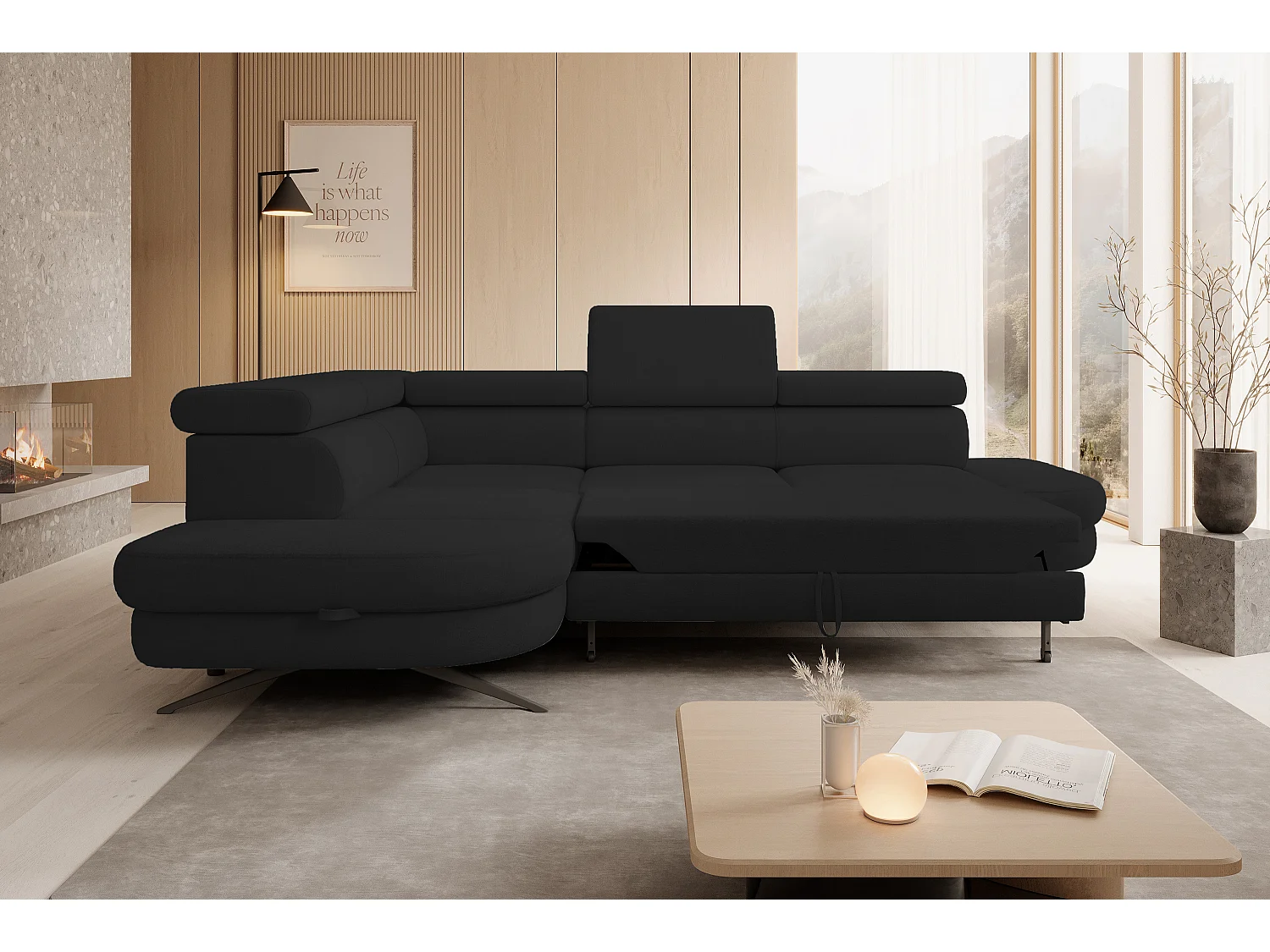 Hoekbank OTIS met slaapfunctie 131x207 cm, verstelbare hoofdsteunen, AURORA, linkeropstelling, 276x218x97 cm, zwart