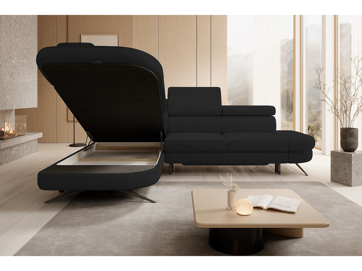 Hoekbank OTIS met slaapfunctie 131x207 cm, verstelbare hoofdsteunen, AURORA, linkeropstelling, 276x218x97 cm, zwart