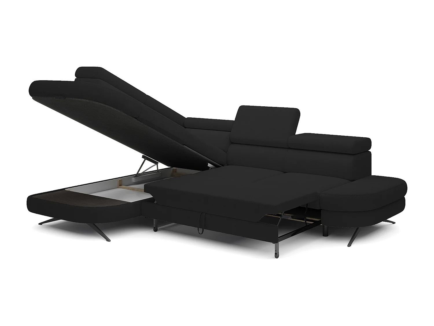 Hoekbank OTIS met slaapfunctie 131x207 cm, verstelbare hoofdsteunen, AURORA, linkeropstelling, 276x218x97 cm, zwart