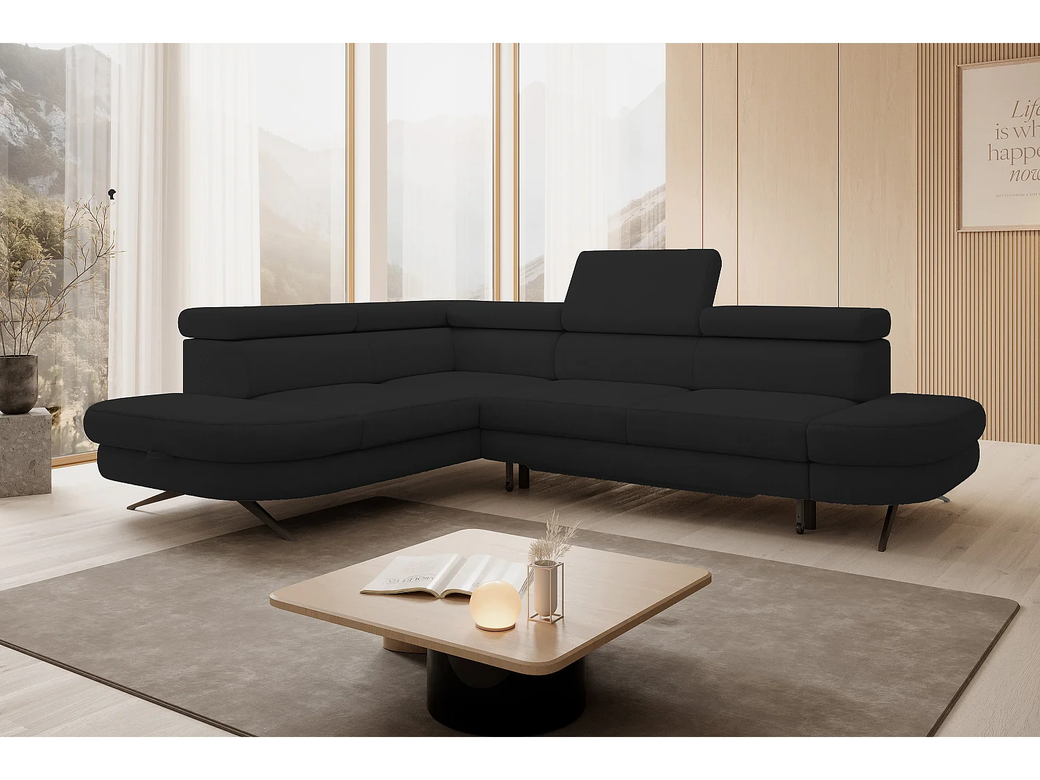 DomoHome canapé d'angle OTIS couchage tête réglable AURORA tissu gauche 131x207cm 276x218x97cm noir