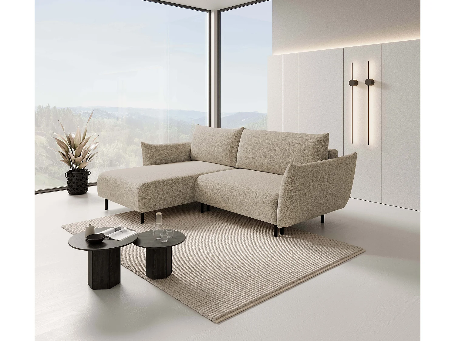 Hoekbank ADEL met slaapfunctie en opbergruimte – L-vorm, metalen poten, verstelbaar, 145x212 cm, 257x90x171 cm, DONKERBEIGE