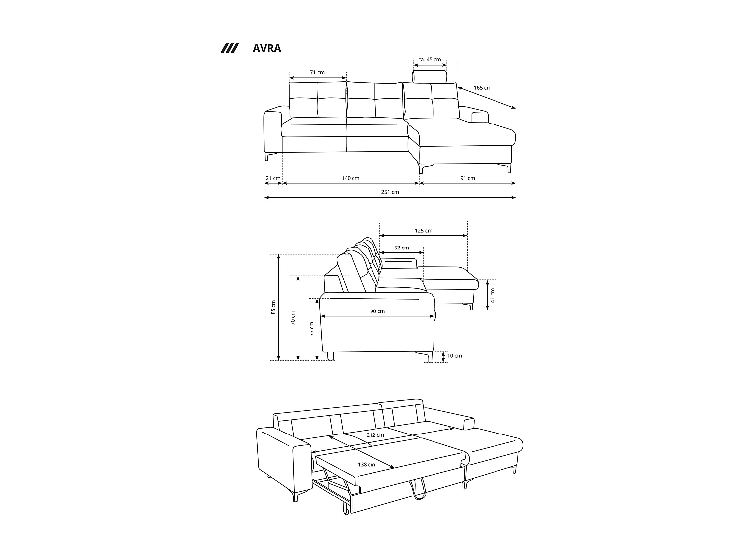 Ecksofa AVRA mit Schlaffunktion, Stauraum, linke Seite, 251x165x85 cm, Farbe: DUNKELGRAU