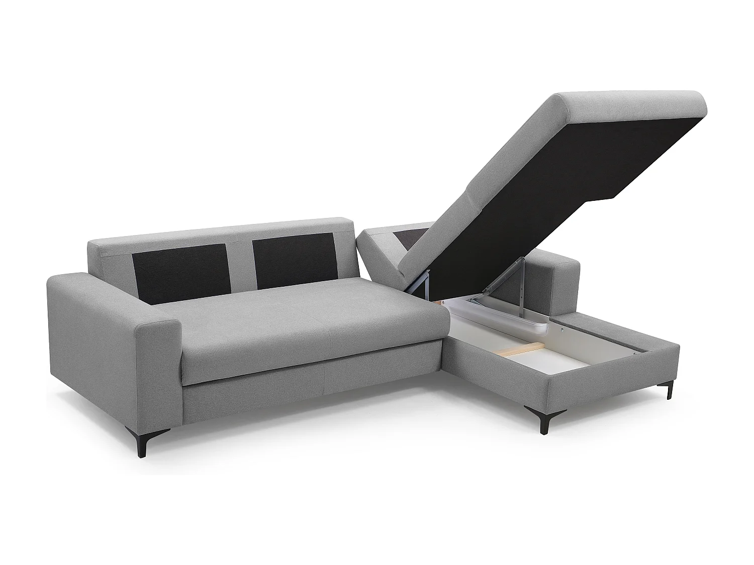 Narożnik AVRA, funkcja spania, pojemnik, prawa strona, 251x165x85 cm, kolor: CIEMNOSZARY