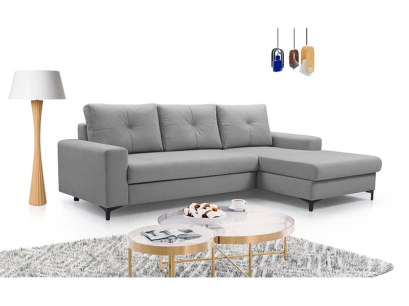 Hoekbank AVRA – Slaapfunctie, opbergruimte, rechterzijde, 251x165x85 cm, kleur: DONKERGRIJS