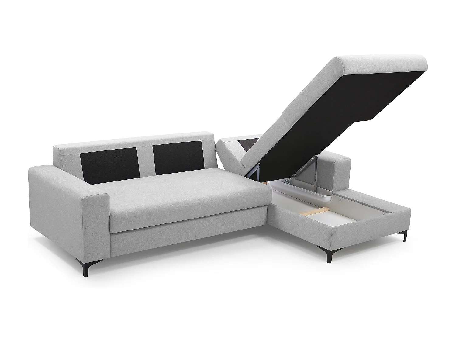 Hoekbank AVRA – Slaapfunctie, opbergruimte, rechterzijde, 251x165x85 cm, kleur: GRIJS