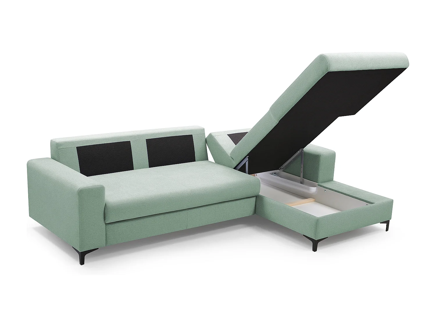 Hoekbank AVRA – Slaapfunctie, opbergruimte, rechterzijde, 251x165x85 cm, kleur: TURQUOISE