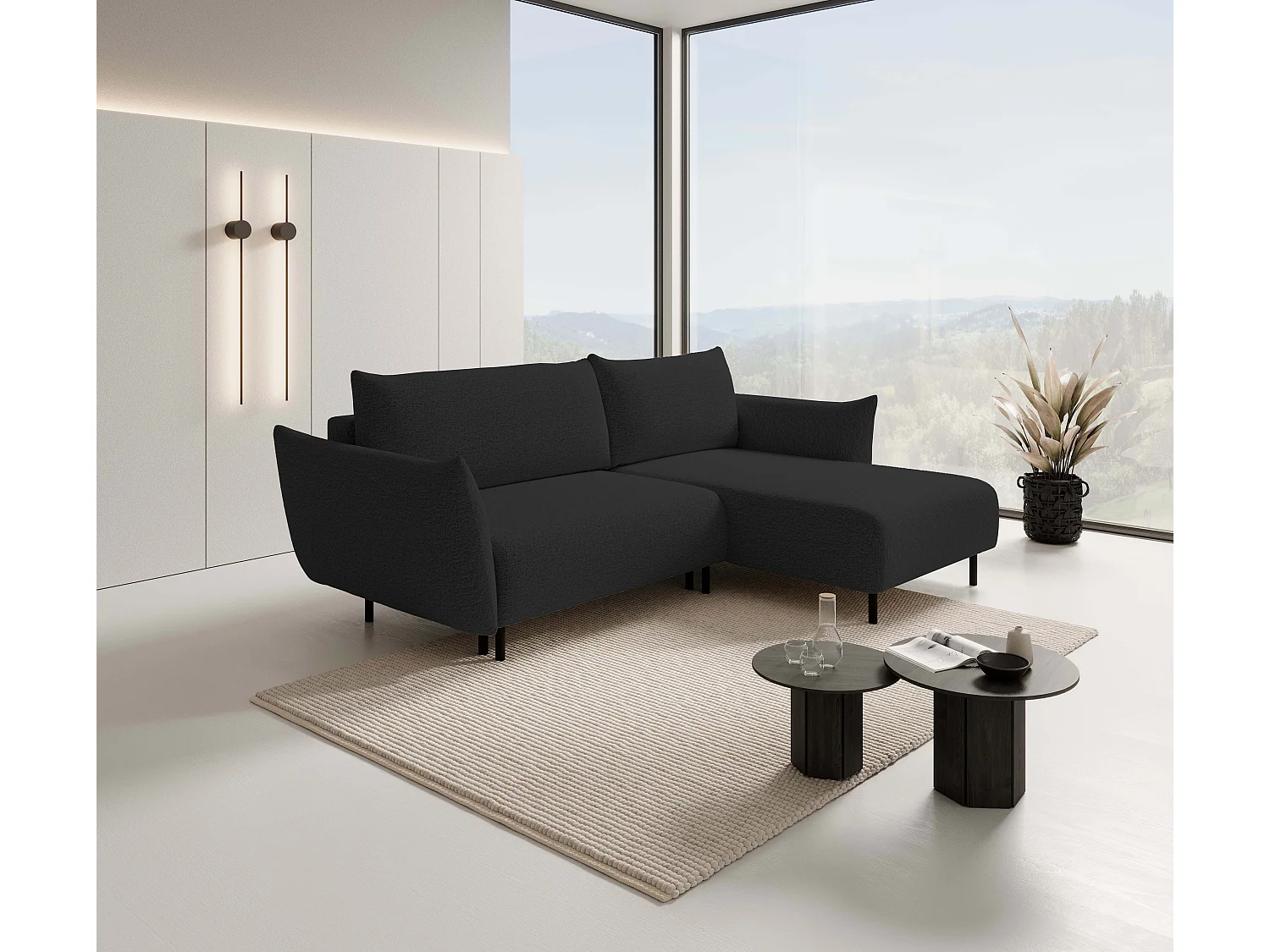 Ecksofa ADEL mit Schlaffunktion und Bettkasten – L-Form, Metallfüße, verstellbar, 145x212cm, 257x90x171cm SCHWARZ RECHTS