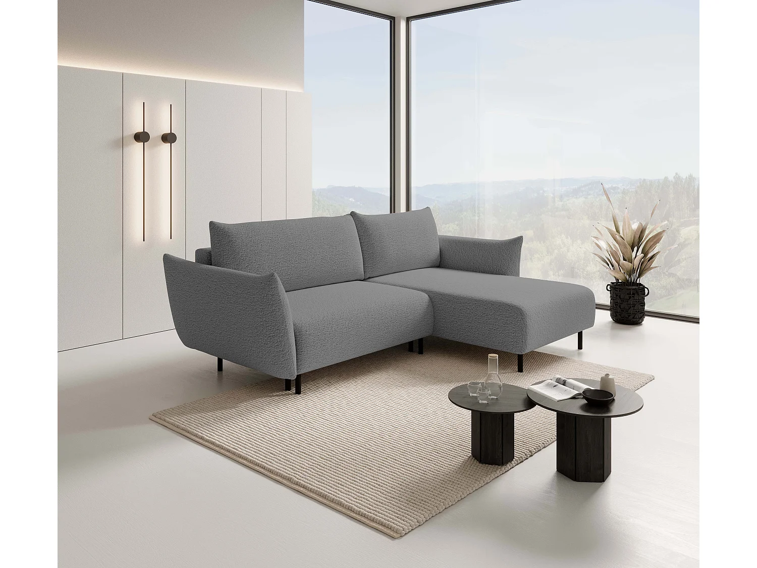 Hoekbank ADEL met slaapfunctie en opbergruimte – L-vorm, metalen poten, verstelbaar, 145x212 cm, 257x90x171 cm, LICHTGRIJS RECHTS