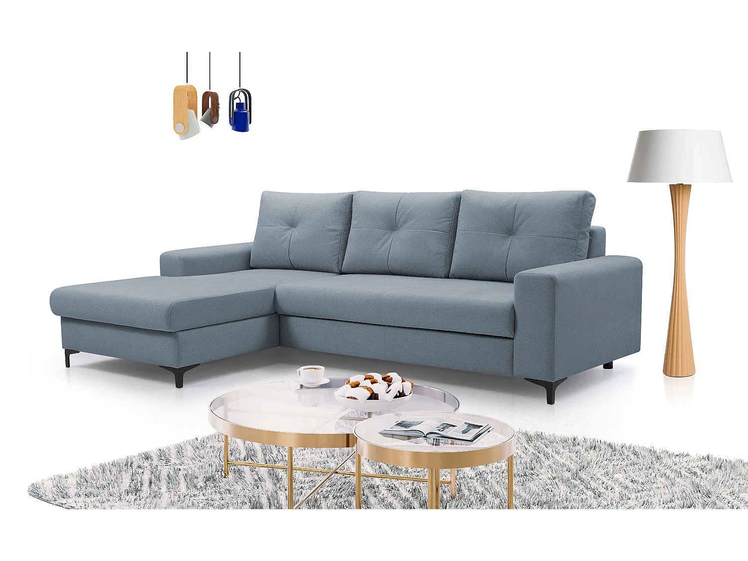 Ecksofa AVRA mit Schlaffunktion, Stauraum, linke Seite, 251x165x85 cm, Farbe: BLAU