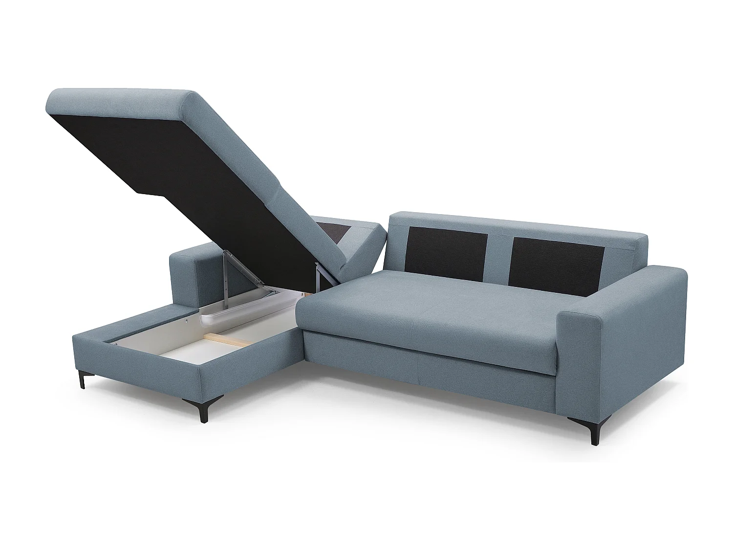 Hoekbank AVRA – Slaapfunctie, opbergruimte, linkerzijde, 251x165x85 cm, kleur: BLAUW