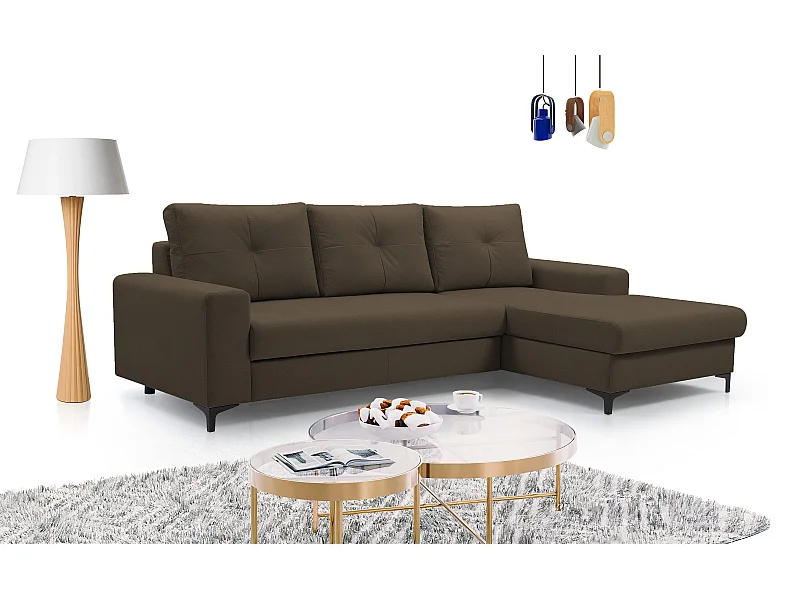 Canapé d'angle AVRA convertible, coffre de rangement, côté droit, 251x165x85 cm, couleur : MARRON