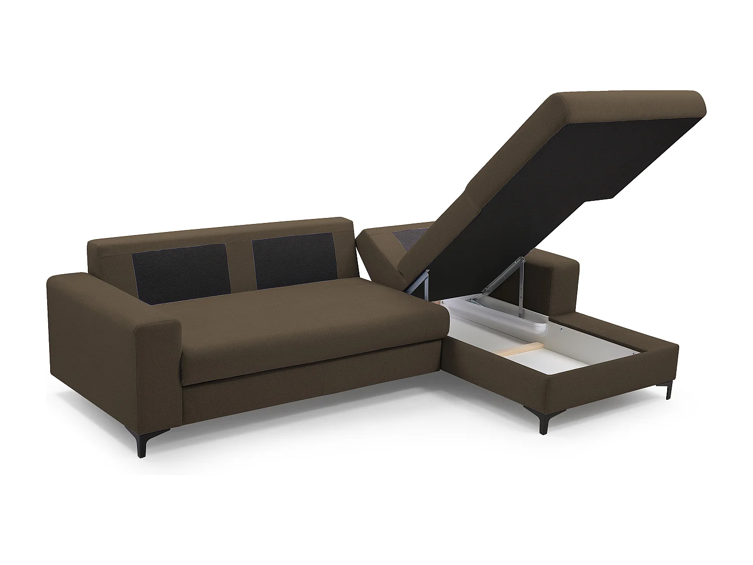 Narożnik AVRA, funkcja spania, pojemnik, prawa strona, 251x165x85 cm, kolor: BRĄZOWY