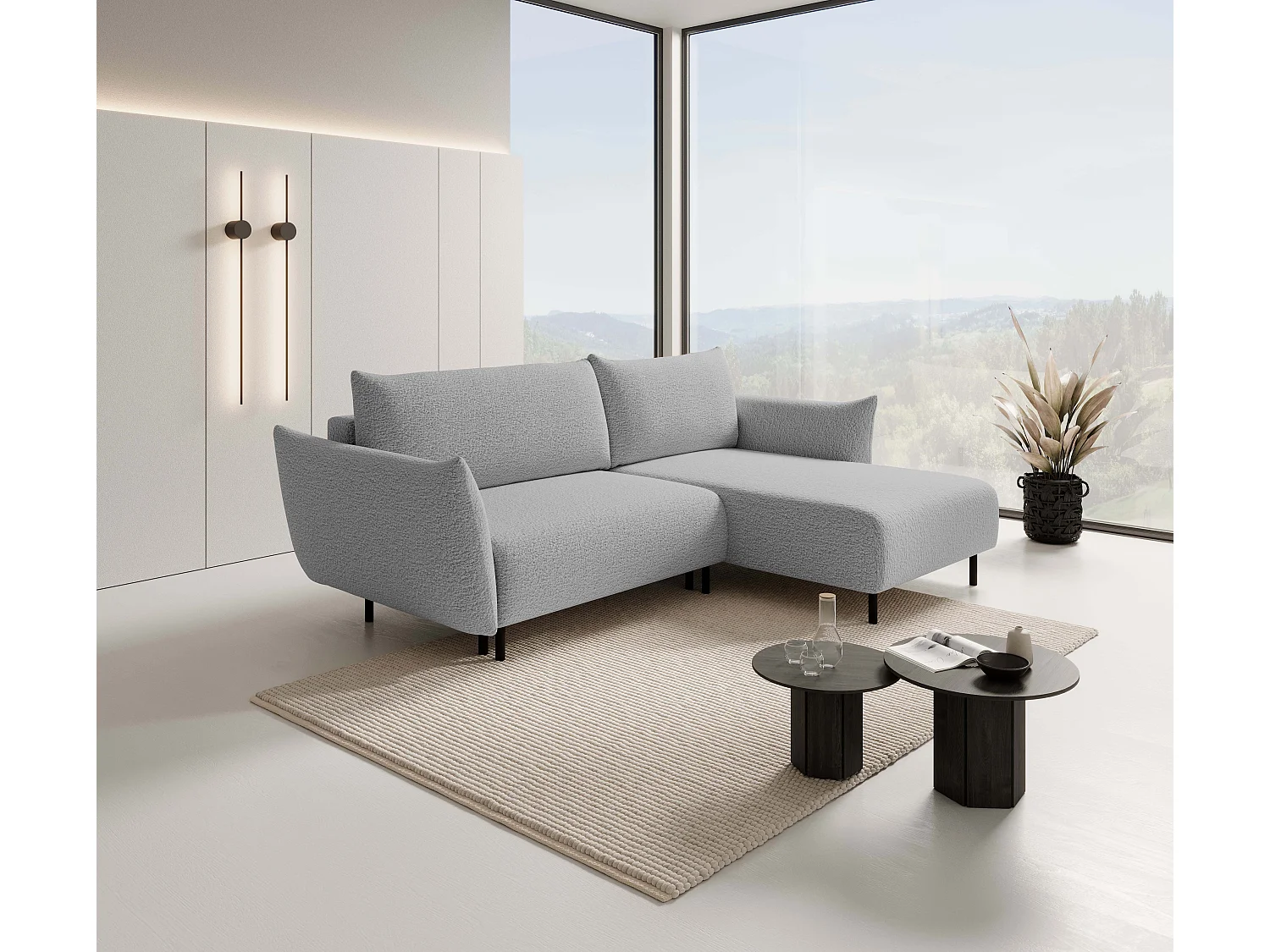 Hoekbank ADEL met slaapfunctie en opbergruimte – L-vorm, metalen poten, verstelbaar, 145x212 cm, 257x90x171 cm, GRIJS RECHTS