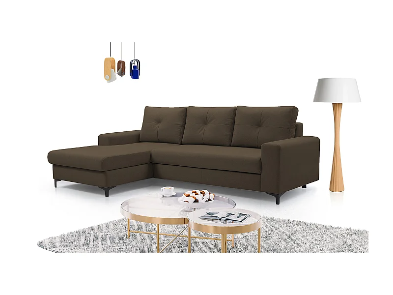 Narożnik AVRA, funkcja spania, pojemnik, lewa strona, 251x165x85 cm, kolor: BRĄZOWY