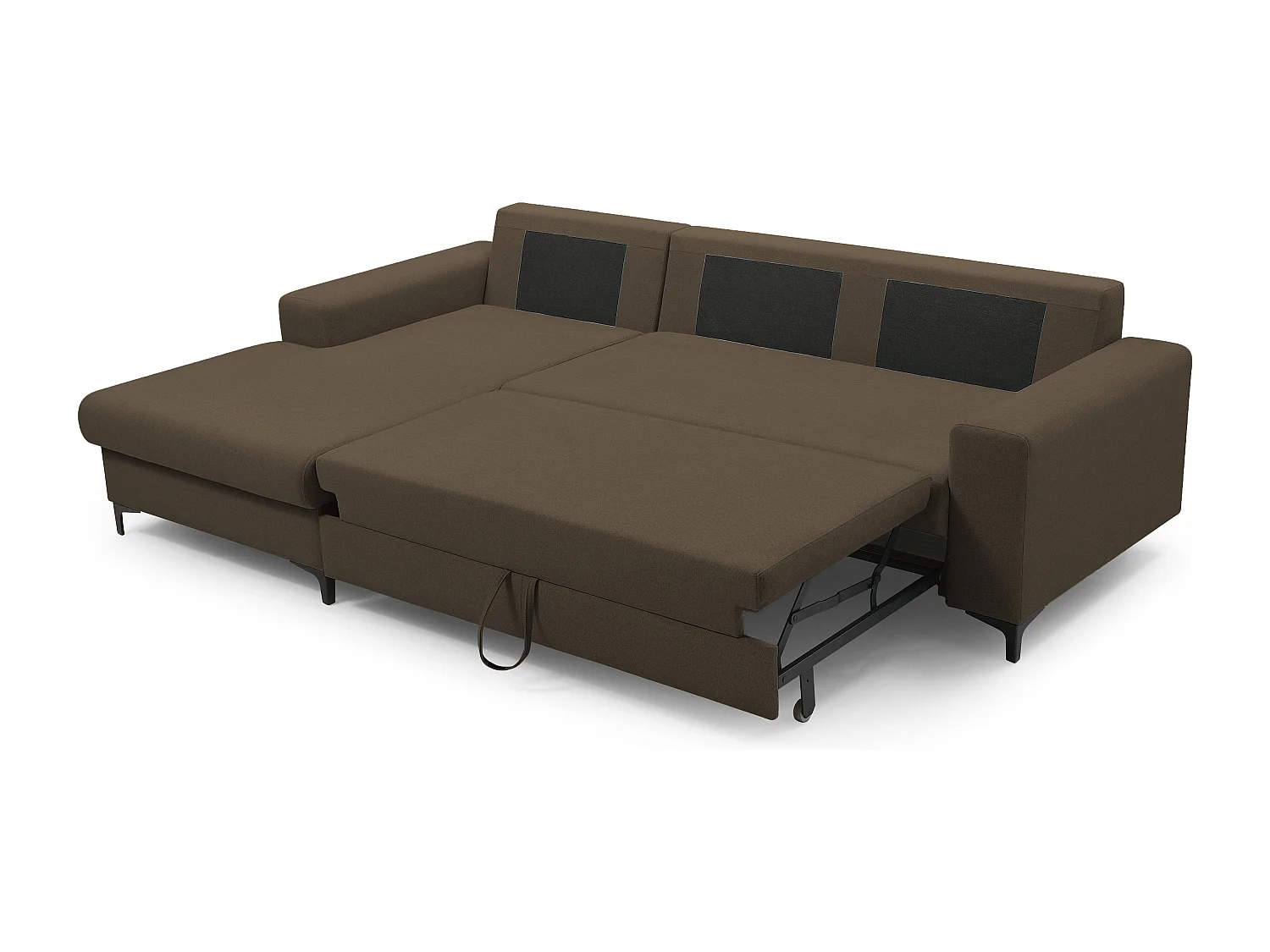 Hoekbank AVRA – Slaapfunctie, opbergruimte, linkerzijde, 251x165x85 cm, kleur: BRUIN