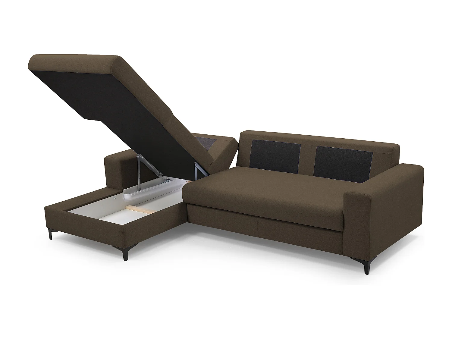 Hoekbank AVRA – Slaapfunctie, opbergruimte, linkerzijde, 251x165x85 cm, kleur: BRUIN