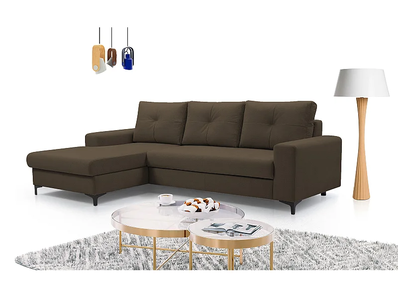 Hoekbank AVRA – Slaapfunctie, opbergruimte, linkerzijde, 251x165x85 cm, kleur: BRUIN