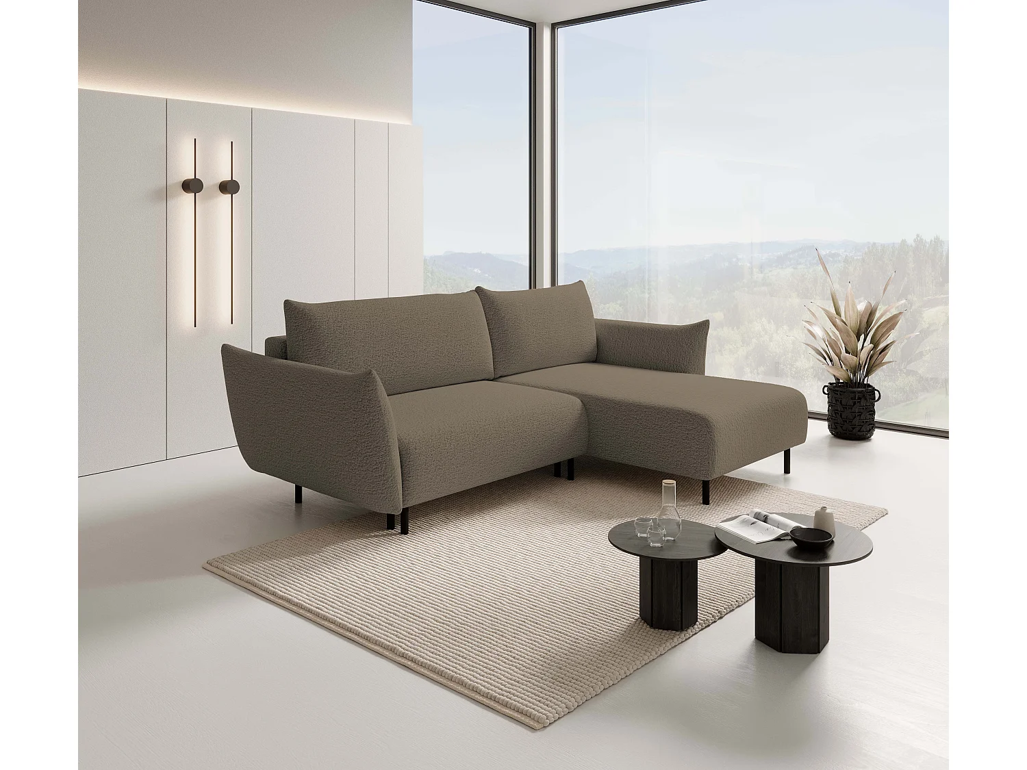 Ecksofa ADEL mit Schlaffunktion und Bettkasten – L-Form, Metallfüße, verstellbar, 145x212cm, 257x90x171cm GRAU-BRAUN RECHTS