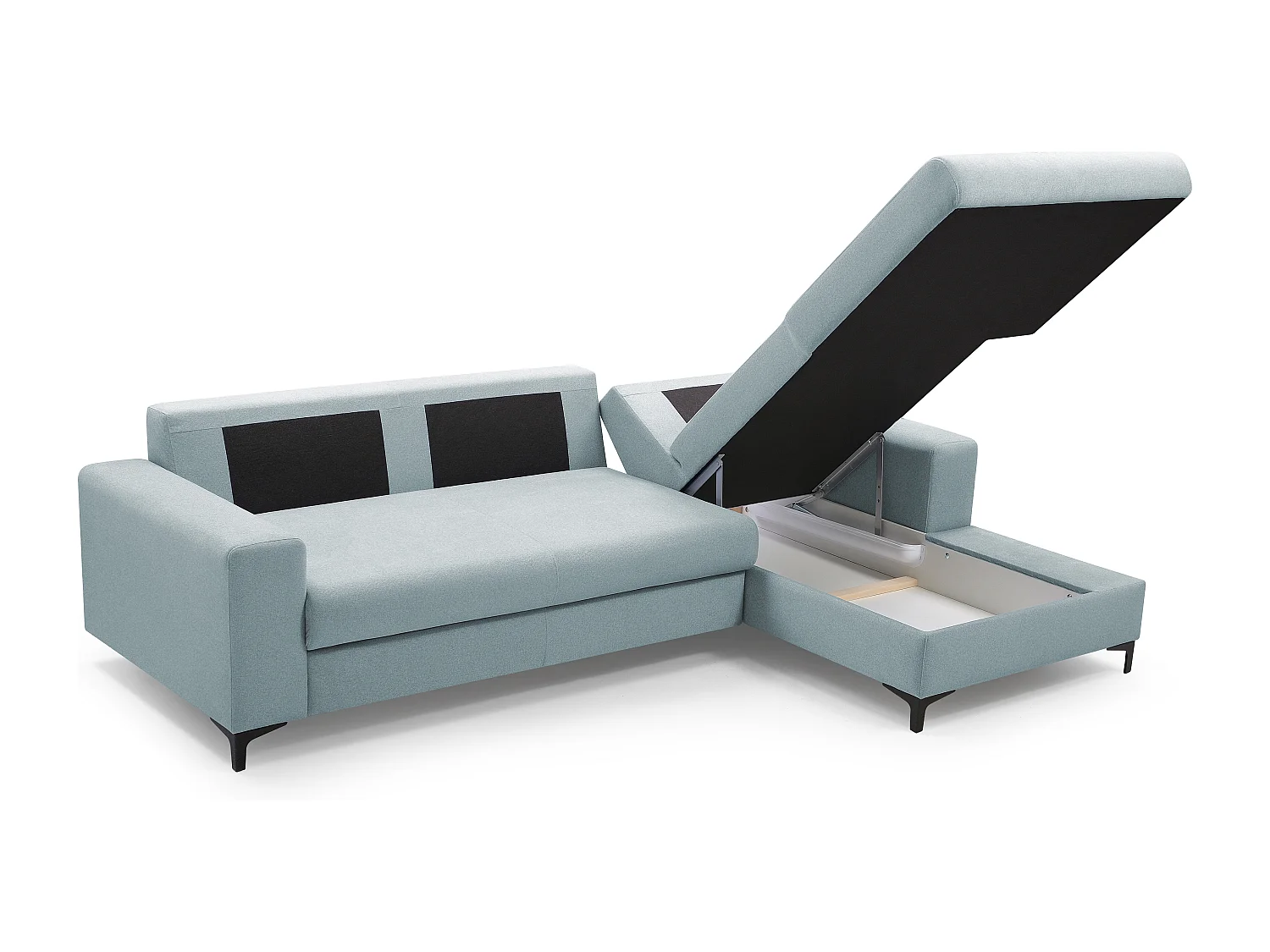 Hoekbank AVRA – Slaapfunctie, opbergruimte, rechterzijde, 251x165x85 cm, kleur: LICHTBLAUW