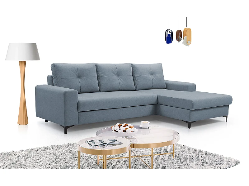 Canapé d'angle AVRA convertible, coffre de rangement, côté droit, 251x165x85 cm, couleur : BLEU