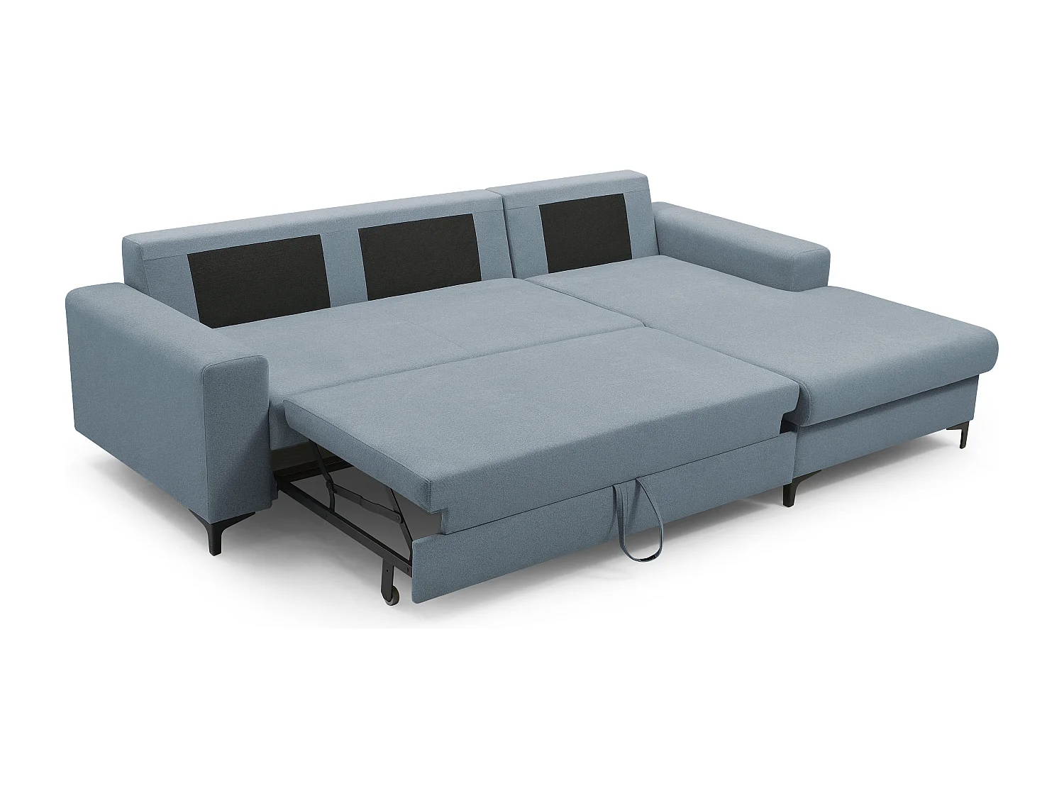 Hoekbank AVRA – Slaapfunctie, opbergruimte, rechterzijde, 251x165x85 cm, kleur: BLAUW