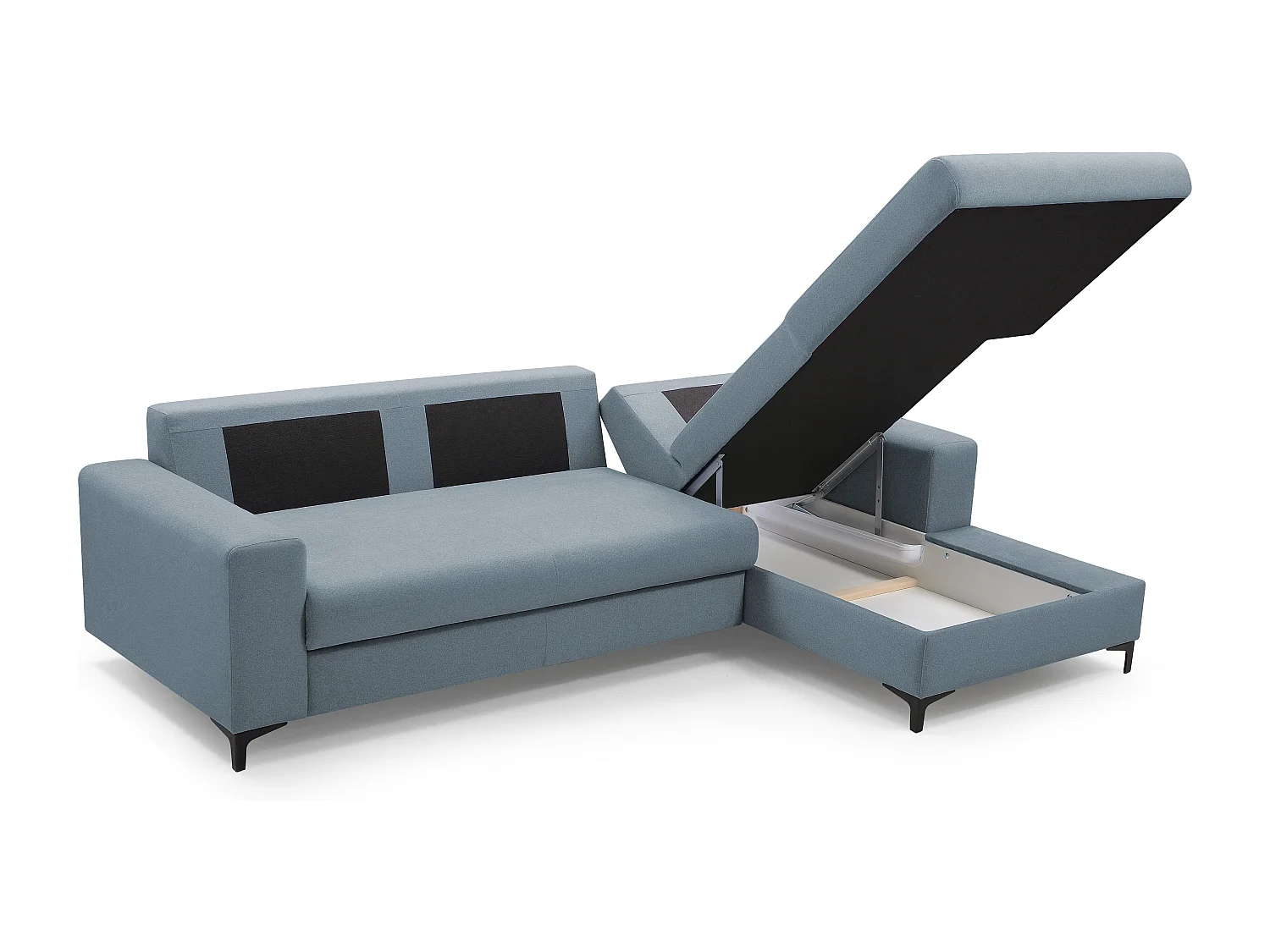 Hoekbank AVRA – Slaapfunctie, opbergruimte, rechterzijde, 251x165x85 cm, kleur: BLAUW