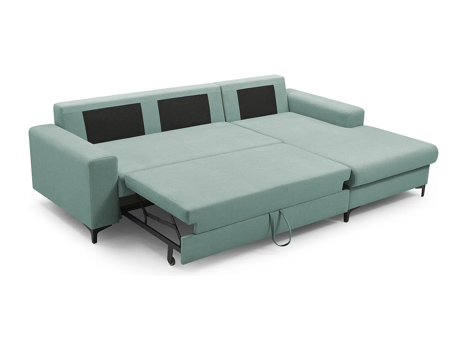 Hoekbank AVRA – Slaapfunctie, opbergruimte, rechterzijde, 251x165x85 cm, kleur: LICHTGROEN