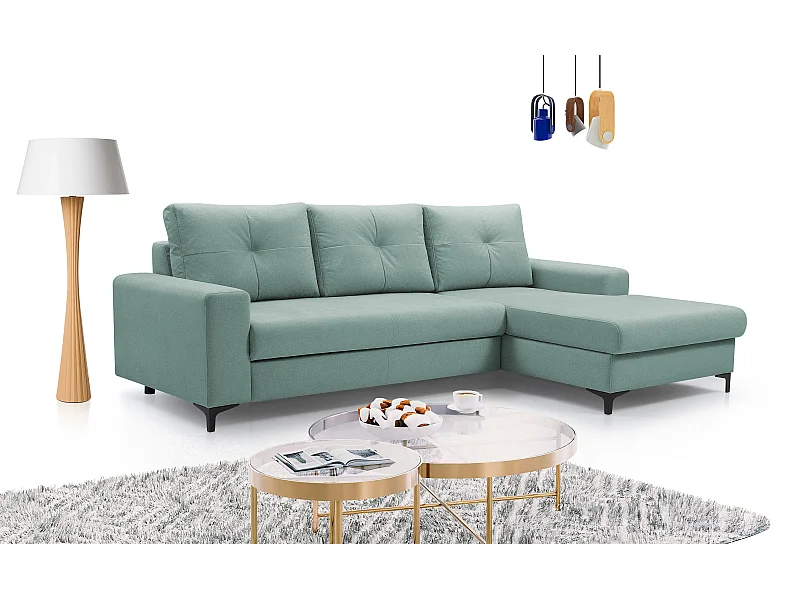 Canapé d'angle AVRA convertible, coffre de rangement, côté droit, 251x165x85 cm, couleur : VERT CLAIR