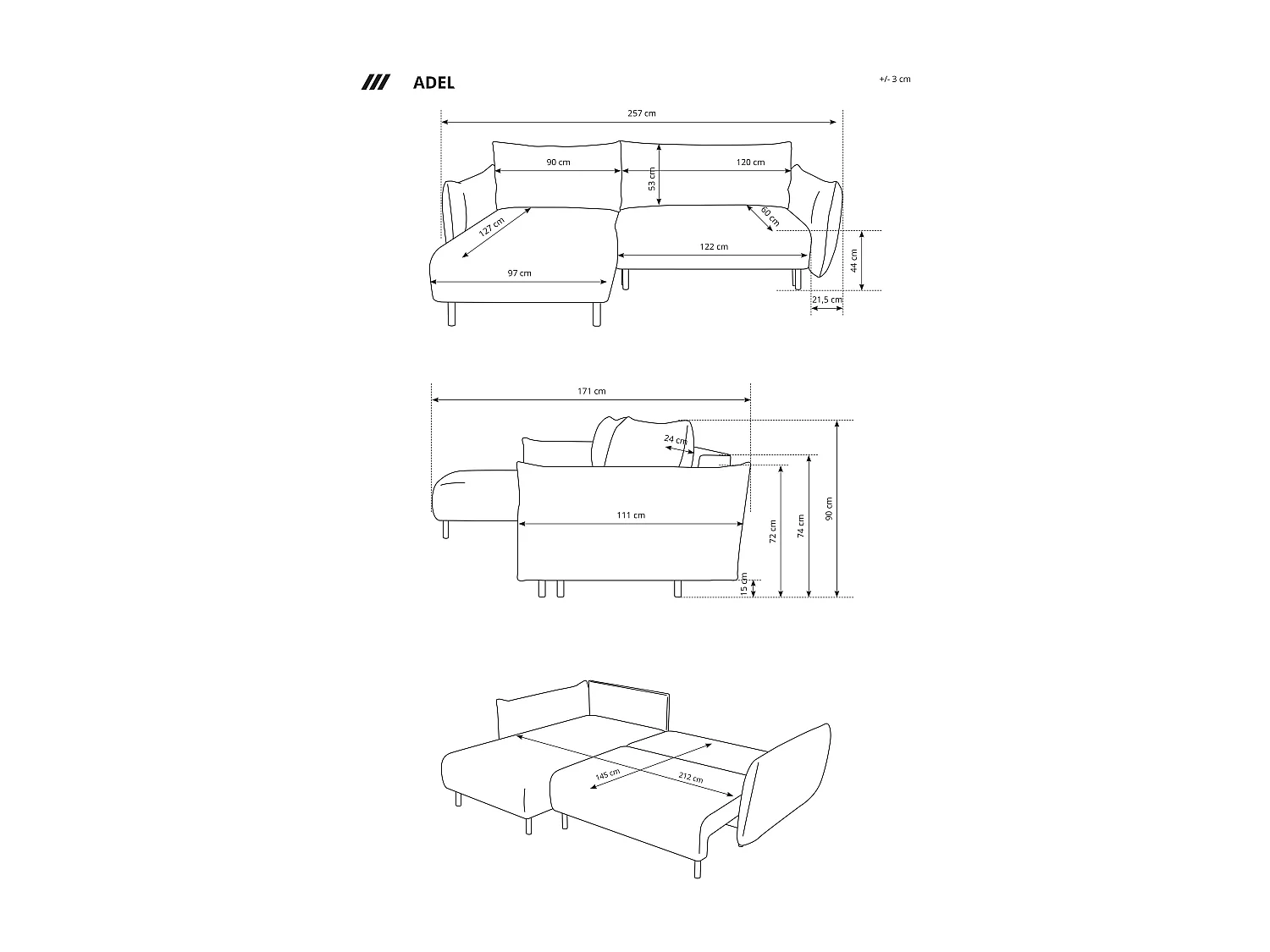 Ecksofa ADEL mit Schlaffunktion und Bettkasten – L-Form, Metallfüße, verstellbar, 145x212cm, 257x90x171cm BEIGE