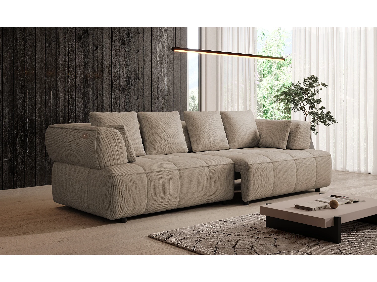 AULA BigSofa met verstelbare zitdiepte, zonder slaapfunctie, verstelbare rugleuning, modern design, beige, 284x111x84/75 cm