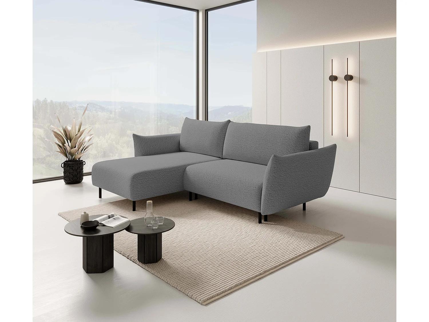 Hoekbank ADEL met slaapfunctie en opbergruimte – L-vorm, metalen poten, verstelbaar, 145x212 cm, 257x90x171 cm, LICHTGRIJS