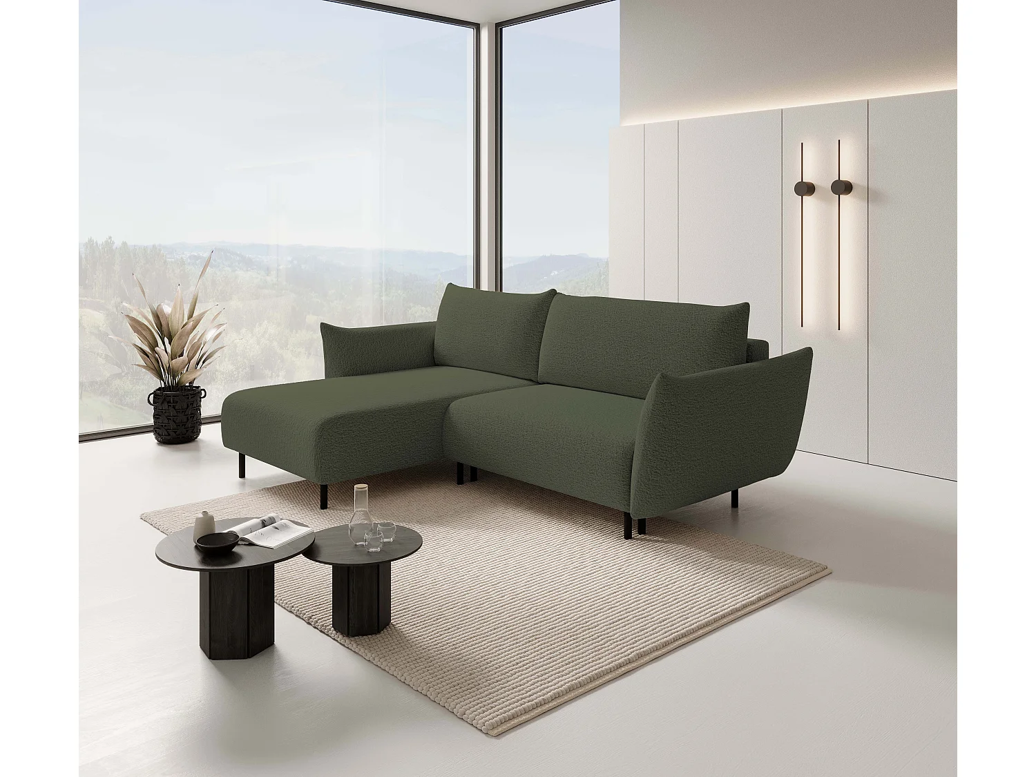 Hoekbank ADEL met slaapfunctie en opbergruimte – L-vorm, metalen poten, verstelbaar, 145x212 cm, 257x90x171 cm, GROEN