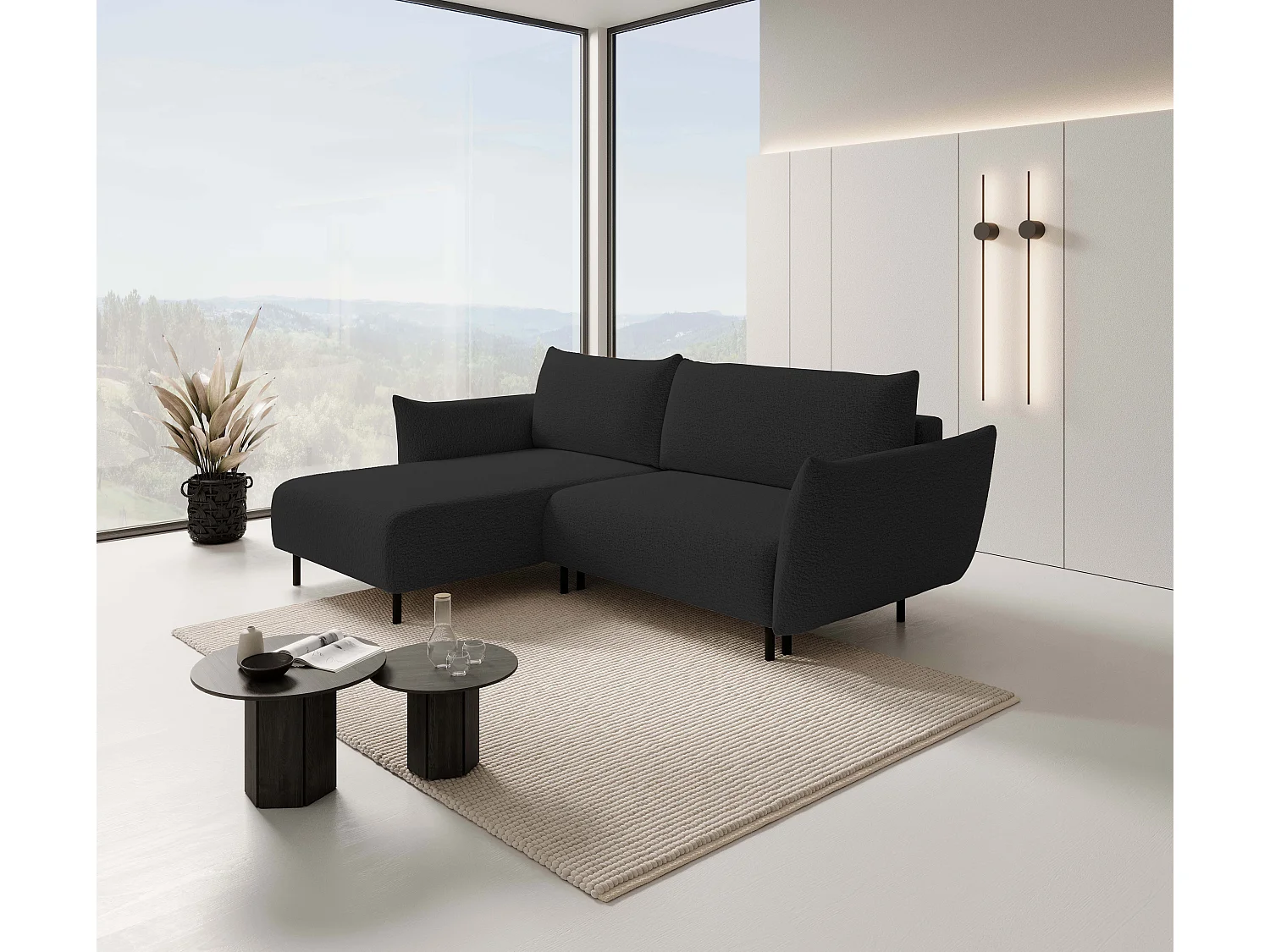 Ecksofa ADEL mit Schlaffunktion und Bettkasten – L-Form, Metallfüße, verstellbar, 145x212cm, 257x90x171cm SCHWARZ