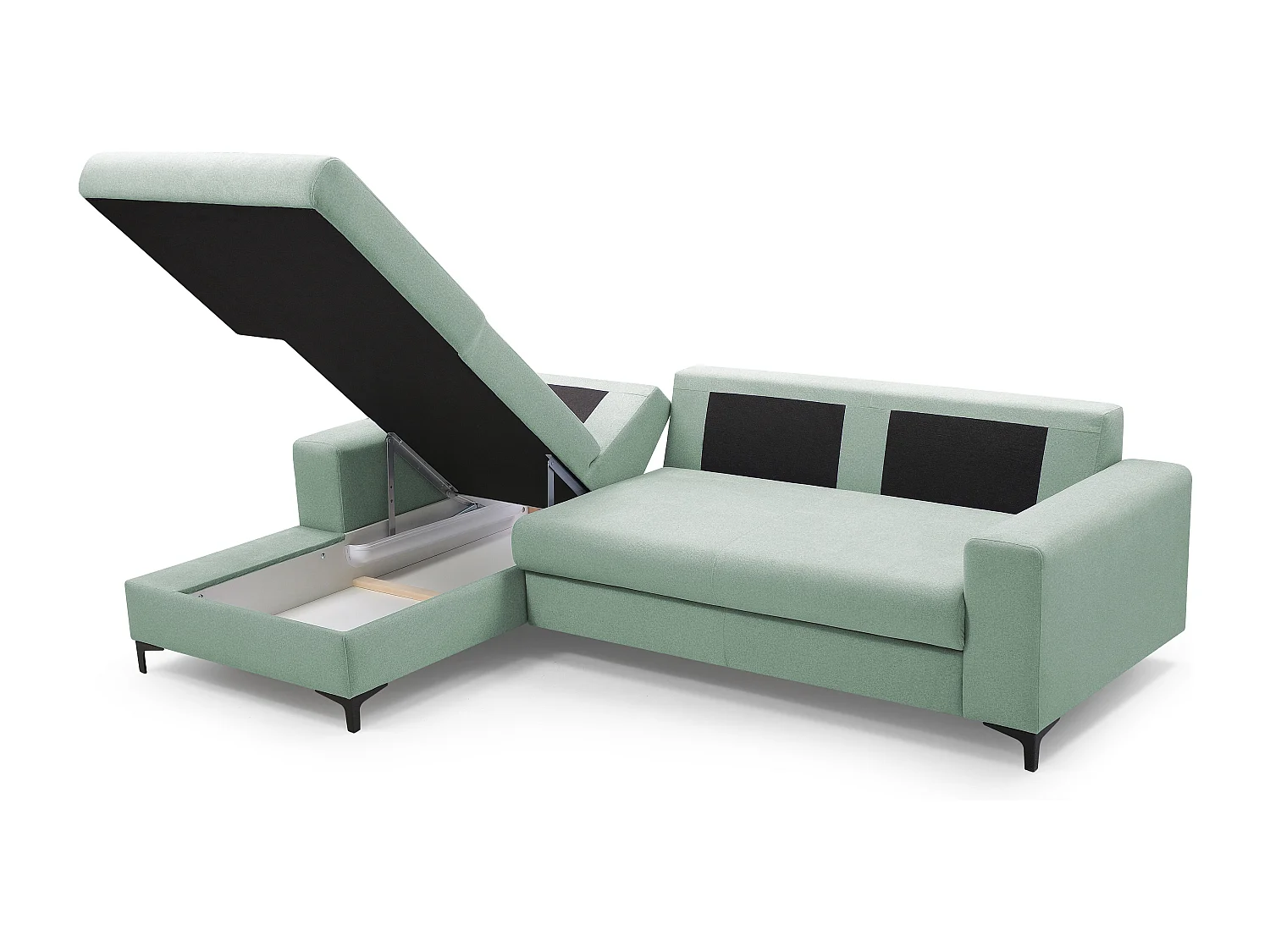 Hoekbank AVRA – Slaapfunctie, opbergruimte, linkerzijde, 251x165x85 cm, kleur: TURQUOISE