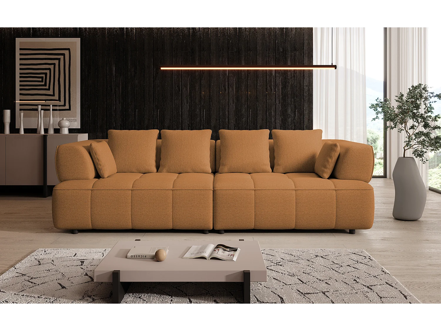 AULA BigSofa met verstelbare zitdiepte, zonder slaapfunctie, verstelbare rugleuning, modern design, oranje, 284x111x84/75 cm