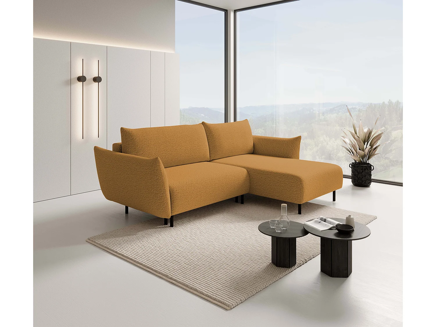 Hoekbank ADEL met slaapfunctie en opbergruimte – L-vorm, metalen poten, verstelbaar, 145x212 cm, 257x90x171 cm, GOUD RECHTS