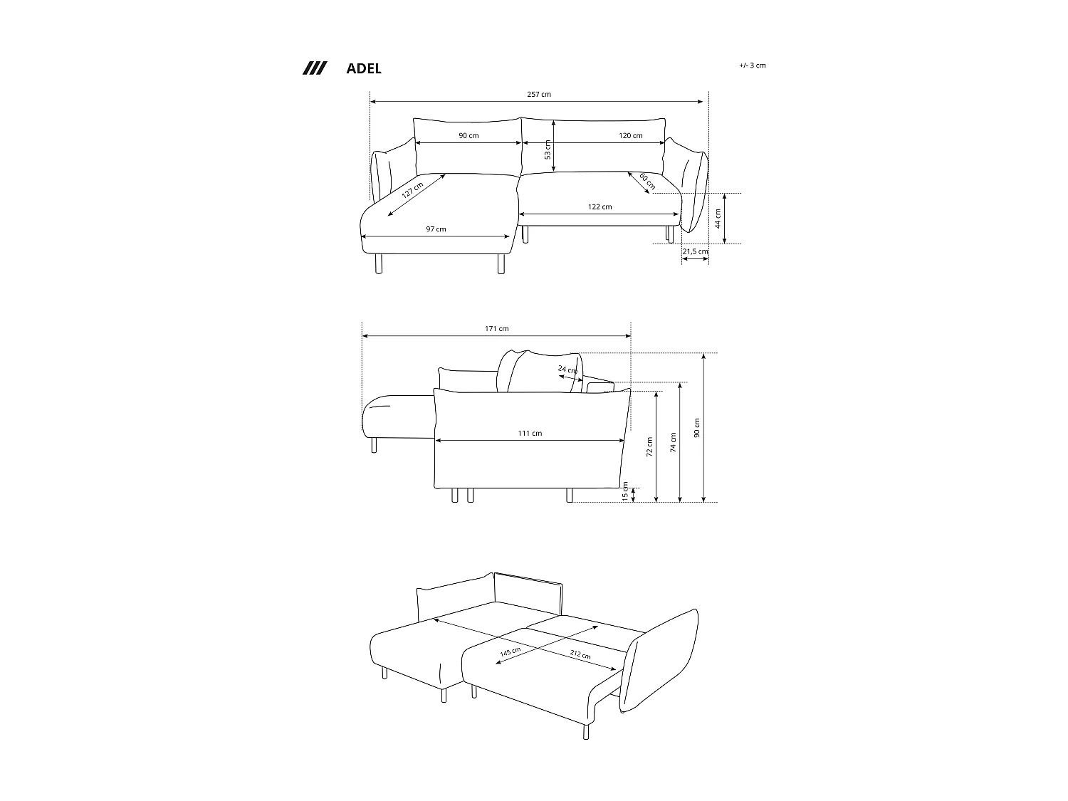 Ecksofa ADEL mit Schlaffunktion und Bettkasten – L-Form, Metallfüße, verstellbar, 145x212cm, 257x90x171cm GRAU