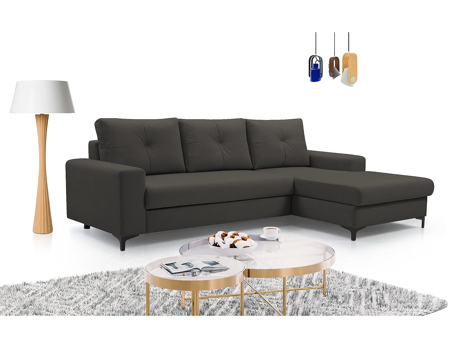 Hoekbank AVRA – Slaapfunctie, opbergruimte, rechterzijde, 251x165x85 cm, kleur: GRIJSGRAFIET